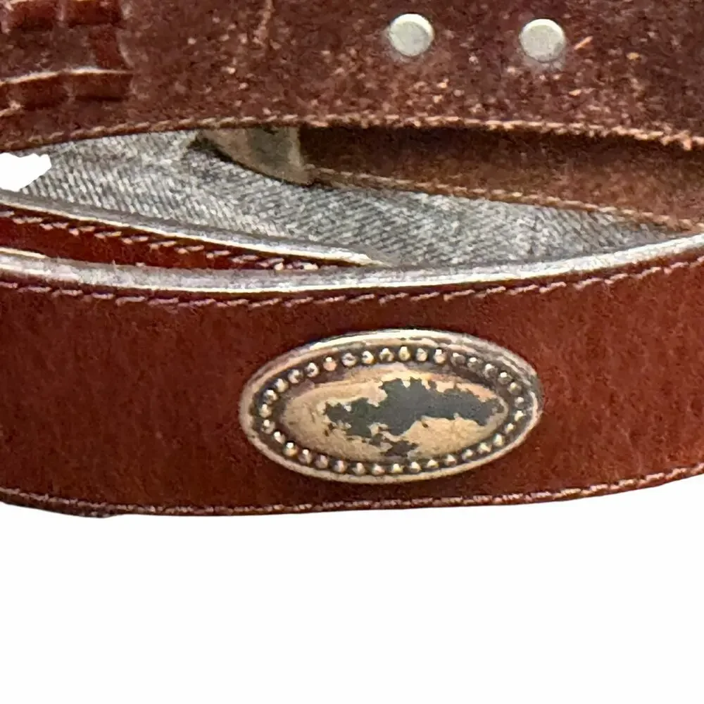 Vintage Latigo Leather Belt 34 Brown Antique Silver Concho Patina Braid Western‎